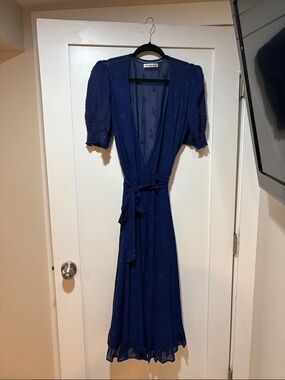 Reformation Navy Wrap Midi Dress with Tie Waist